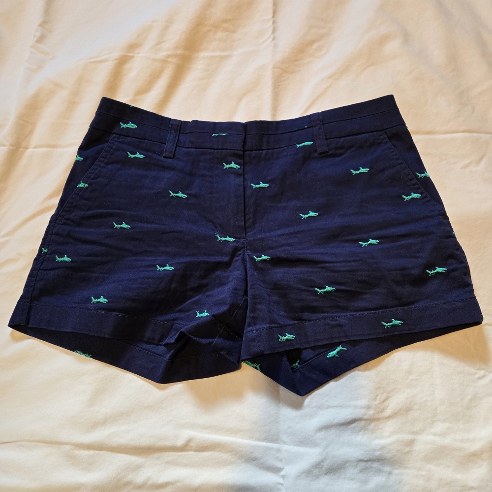 British Khaki | navy with teal embroidered sharks | chino shorts | Size 2